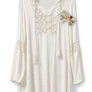 NWT Ravya White Lace Beach Cover Up Tunic XL Boho Crochet Long Sleeve For Travel